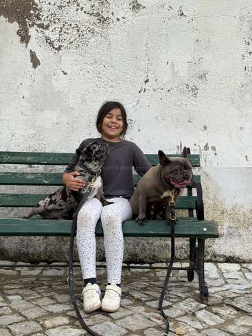 Uma garota sorridente está sentada em um banco verde entre dois cachorros. A parede atrás está descascando e o chão é de paralelepípedos, criando uma cena encantadora e rústica.