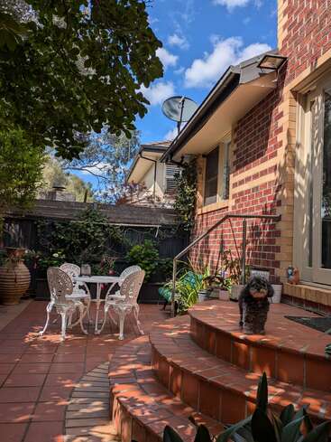 A cozy brick patio features a small dog on terracotta steps, white ornate table and chairs, lush plants, and vibrant greenery under a bright, blue sky.