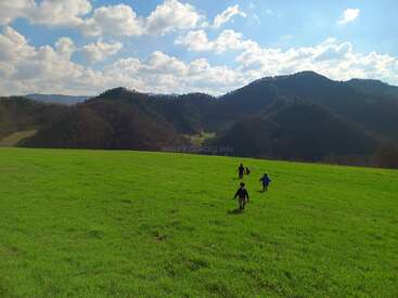 Three children run across a vibrant green field towards forested hills. The sky is blue with scattered clouds, creating a beautiful, peaceful and joyful rural scene.