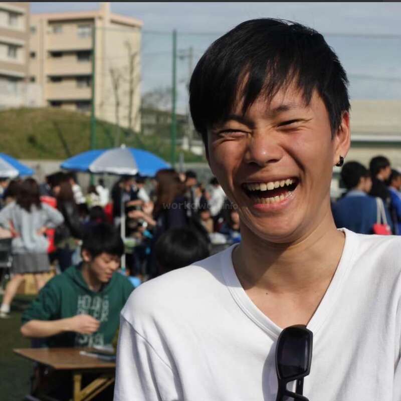 Das Bild zeigt einen jungen Mann mit kurzen schwarzen Haaren, der ein weißes T-Shirt und eine Sonnenbrille trägt und in die Kamera lächelt, während im Hintergrund eine Menschenmenge steht.