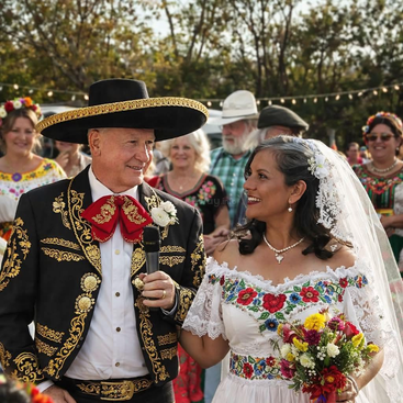 A joyful bride and groom celebrate outdoors in traditional Mexican attire, surrounded by festive guests in colorful dresses, sharing smiles and holding a vibrant flower bouquet.