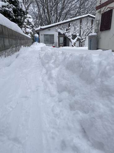 A narrow pathway is cleared through deep snow, with high snowbanks on both sides. Snow-covered trees and houses are visible in a quiet, wintry scene.