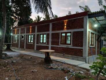 A single-story brick house with large windows is surrounded by coconut trees and plants. Outdoor lighting creates a cozy atmosphere, and tree stumps serve as tables.