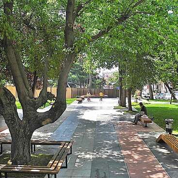 This image shows a peaceful city park walkway lined with trees and benches. A few people stroll and sit, enjoying the shade and greenery on a sunny day.