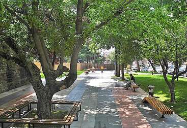 This image shows a peaceful city park walkway lined with trees and benches. A few people stroll and sit, enjoying the shade and greenery on a sunny day.