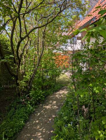 A sunlit garden path winds beneath leafy trees, surrounded by lush green plants, leading toward a house with red roof tiles and white walls. Peaceful atmosphere.