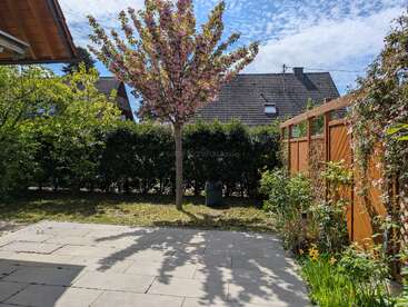 A small backyard garden features a blossoming pink tree, green hedges, wooden fence, and paved patio, with houses and a partly cloudy blue sky behind.