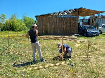Zwei Personen bauen im Freien eine Bambuskonstruktion auf einer Wiese zusammen. Werkzeuge und Bambusstangen liegen in der Nähe. Im Hintergrund sind ein Holzschuppen und geparkte Autos zu sehen.
