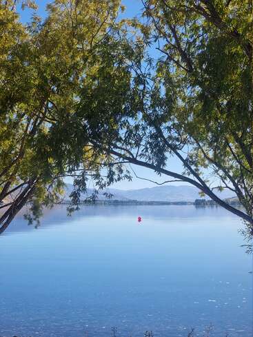 Ein ruhiger See, umrahmt von grünen Bäumen, in dem sich der blaue Himmel spiegelt. Entfernte Berge am Horizont. Eine einzelne rote Boje schwimmt als markanter Blickpunkt.