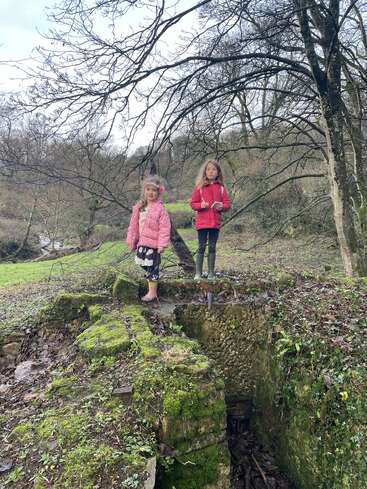 Deux jeunes filles vêtues de vestes roses se tiennent debout sur une structure en pierre recouverte de mousse dans une forêt hivernale dépourvue de feuilles. La scène est paisible, naturelle et légèrement mystérieuse.