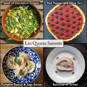 En esta imagen se muestran cuatro deliciosos platos: ensalada de hojas de diente de león, tarta de pimiento rojo y aceitunas, raviolis de calabaza con mantequilla de salvia y ballotine de pavo. «Les Quatre Saisons».