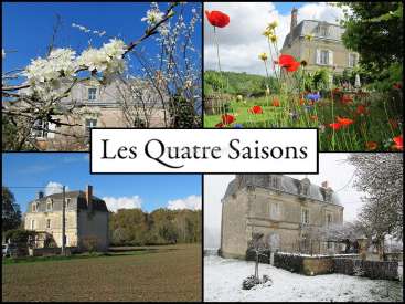 Este collage representa una casa rural francesa a lo largo de las cuatro estaciones: la primavera en flor, el verano lleno de vida, el otoño colorido y el invierno nevado, con el texto «Les Quatre Saisons».