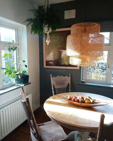 Sunlit cozy dining nook with rustic wooden table, vintage carved chairs, hanging plants, wicker lamp, abstract wall art, and a fruit bowl centerpiece near bright windows.