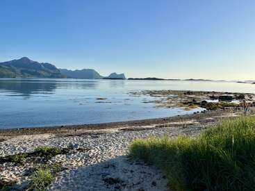 Uma paisagem costeira serena com água azul calma, costa arenosa, algas marinhas espalhadas, primeiro plano gramado, montanhas distantes e um céu claro e brilhante, evocando tranquilidade pacífica.