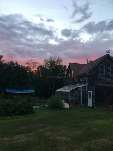 The image depicts a serene rural scene featuring a house, greenhouse, and shed, set against a backdrop of trees and a vibrant pink sunset.