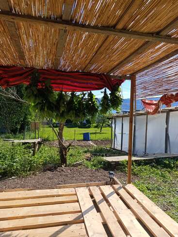 A rustic outdoor structure with a bamboo roof, wooden pallets on the ground, hanging greenery, red cloth, surrounded by a green garden and distant mountains.