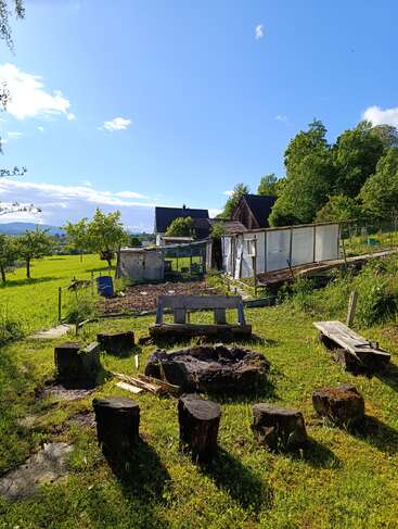 A rustic outdoor fire pit with wooden benches and tree stumps sits in a grassy yard. Behind it are garden plots, sheds, and country houses. Peaceful atmosphere.