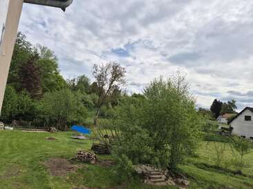 Ein grüner Hinterhof mit Bäumen und Büschen unter einem bewölkten Himmel. Ein blaues Trampolin, eine Feuerstelle, gestapeltes Holz und ein weißes Haus sind zu sehen.