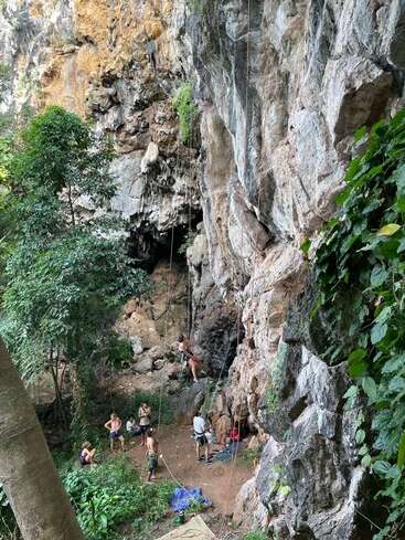 Un grupo de escaladores se prepara y escala un escarpado acantilado en un exuberante entorno boscoso al aire libre. Cuerdas, vegetación y superficies rocosas dominan la escena.