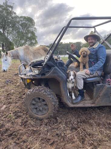 Un homme souriant avec un chapeau est assis dans un VTT boueux avec deux chiens. Un cheval blanc se tient à côté d'eux. L'arrière-plan montre des arbres et un ciel nuageux.