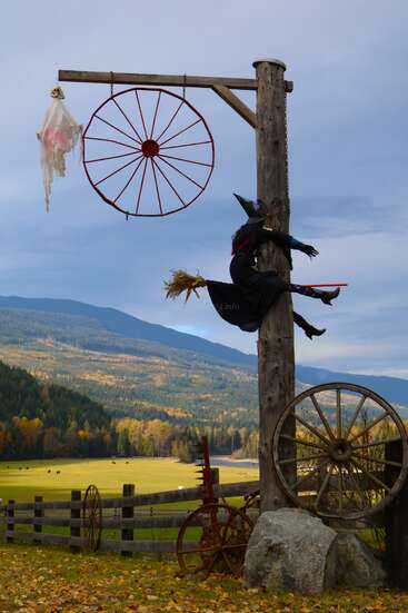 Uma cena bem-humorada de Dia das Bruxas com um boneco de bruxa colidindo com um poste de madeira enquanto montava uma vassoura, com rodas de carroça e uma decoração de fantasma nas proximidades, fundo campestre.
