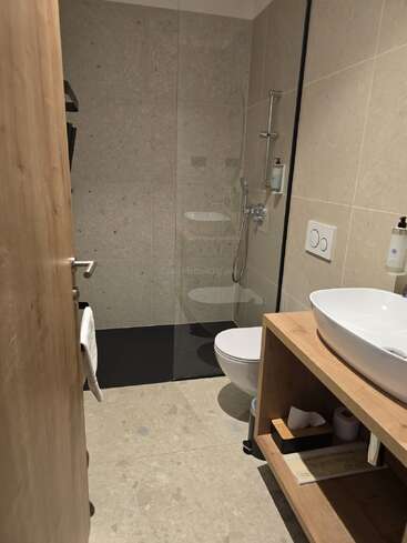 Auf dem Bild sieht man ein modernes Badezimmer mit beigen Fliesen, einer Glasdusche, einem Wand-WC, einem Waschbecken auf einem Holzunterschrank, Handtüchern, Toilettenpapier und Toilettenartikeln.