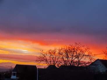A vibrant sunset sky glows with shades of orange, yellow, and purple. Silhouetted trees and rooftops stand beneath the dramatic, colorful clouds, creating a peaceful scene.