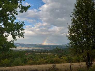 Eine malerische Landschaft mit einem leuchtenden Regenbogen in der Ferne, umrahmt von üppig grünen Bäumen, sanften Hügeln, bewölktem Himmel und einer friedlichen, natürlichen Atmosphäre.