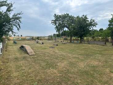 This image shows an open grassy field with various agility obstacles, benches, and trees, likely a dog park or training area, under a cloudy sky.