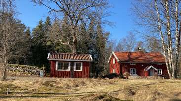 Deux maisons traditionnelles en bois rouge aux moulures blanches se dressent dans un cadre rural paisible. Elles sont entourées de grands arbres et d'herbe sèche, baignées par la lumière éclatante du soleil.