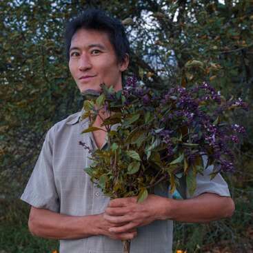 A man stands outdoors holding a large bouquet of purple flowers and green leaves, wearing a light shirt, with trees and soft evening light behind him.