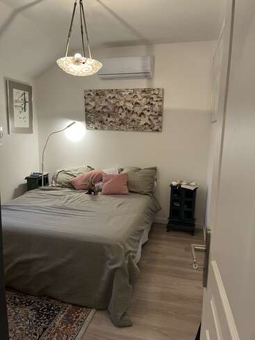 Este quarto aconchegante tem uma cama grande com roupa de cama verde, travesseiros rosa, arte na parede, mesas de cabeceira, uma luminária moderna, um tapete estampado e iluminação suave.