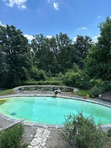 Uma piscina natural com águas cristalinas azul-turquesa, cercada por pedras e vegetação, fica em uma área florestal exuberante sob um céu azul brilhante e nuvens.