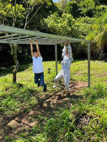 Dos niños juegan al aire libre colgados de barras metálicas. Están rodeados de frondosa vegetación y árboles, disfrutando juntos de un día soleado y luminoso.