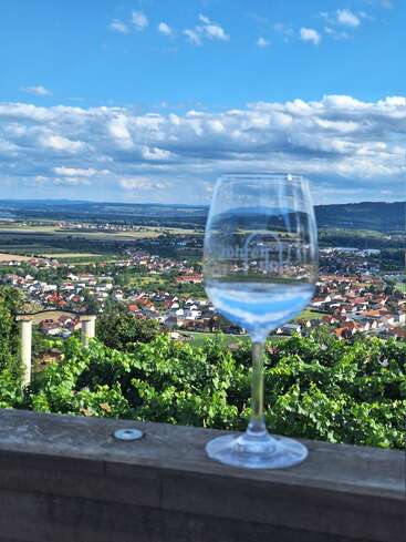 Ein klares Weinglas steht auf einem hölzernen Geländer, das den Blick auf eine Stadt, grüne Weinberge, offene Felder und einen strahlend blauen Himmel freigibt.