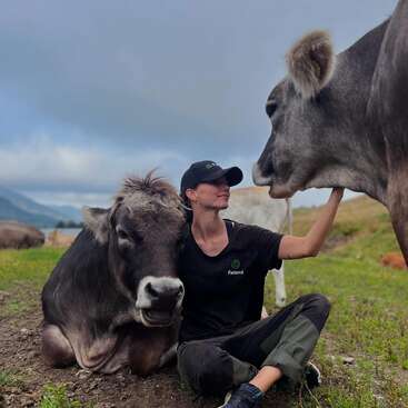 A person sits on grass, wearing a black cap and shirt, smiling affectionately with two cows in a peaceful, green countryside setting under a cloudy sky.
