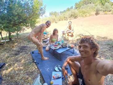 Cuatro amigos disfrutan de un picnic al aire libre en un día soleado, sentados en colchonetas rodeados de naturaleza, con comida y bebida en una mesa baja, sonriendo alegremente.