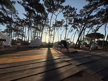 Una persona practica yoga en una terraza de madera rodeada de árboles altos y tiendas de campaña al atardecer, proyectando largas sombras en un tranquilo entorno de acampada al aire libre.