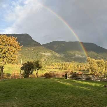 Ein leuchtender Regenbogen spannt sich über üppig grüne Hügel und bewaldete Berge. Das Sonnenlicht beleuchtet die herbstlichen Bäume, während ein Holzzaun und eine Wiese die ruhige Szene vervollständigen.