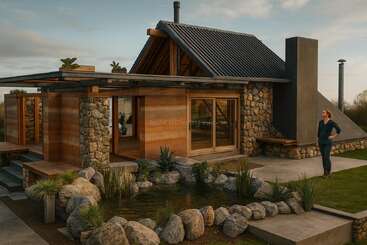 Eine Frau steht vor einem modernen Haus aus Stein und Holz mit großen Fenstern, einem Teich und einer üppigen Landschaft unter einem teilweise bewölkten Himmel bei Sonnenuntergang.