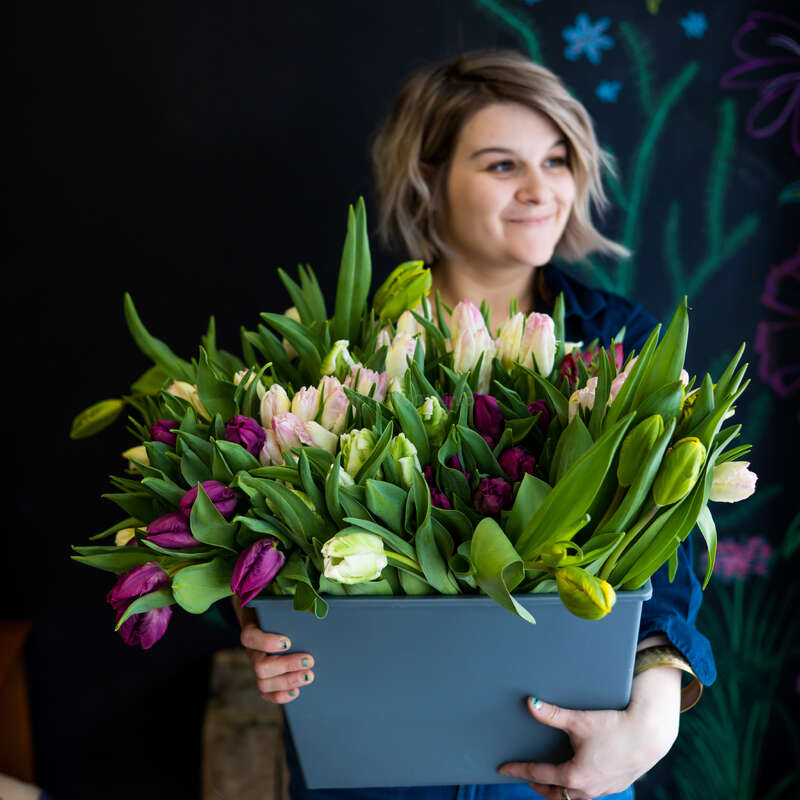 The image depicts a woman holding a large blue container overflowing with tulips in various colors, set against a dark background with a vibrant floral design.