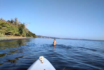 The image depicts a serene scene of a person standing in the water, with a paddleboard visible in the foreground and a tree-lined shore in the background.