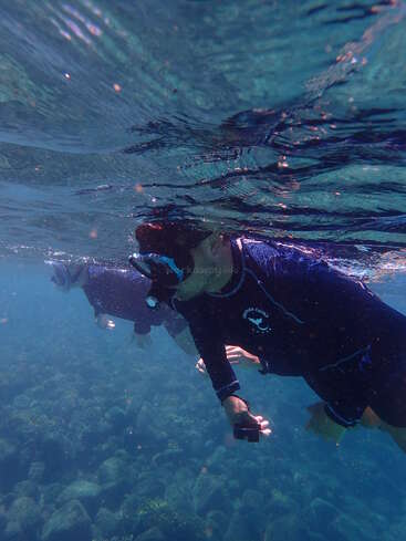 Two people snorkeling underwater, wearing dark wetsuits and snorkel masks. The clear blue water reveals rocky sea floor and sunlight reflecting on the gentle surface above.