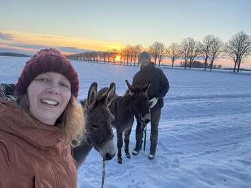 Una mujer y un hombre sonrientes posan junto a dos burros en un campo nevado al atardecer, con los árboles perfilándose en el horizonte, vestidos con ropa de abrigo para el frío invierno.