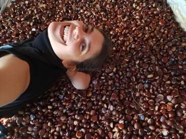 A smiling woman lies joyfully on a large bed of chestnuts, creating a playful and carefree atmosphere surrounded by shiny brown nuts. She looks happy.