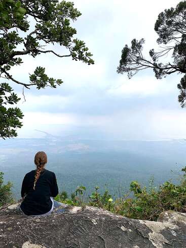 Una persona con una larga trenza está sentada en un saliente rocoso, con vistas a un vasto y verde bosque y al lejano paisaje de abajo, enmarcado por las ramas de los árboles a ambos lados.