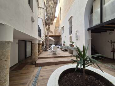 A modern courtyard with white walls, potted plants, wooden flooring, and outdoor seating. Palm trees and natural light create a relaxed, inviting atmosphere, blending old and new.