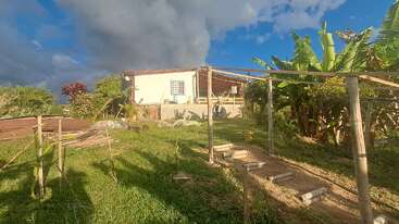 Una pequeña casa blanca con una ventana azul se asienta sobre una colina cubierta de hierba. Plataneros, huertos, estacas de madera y dramáticas nubes completan el luminoso paisaje.