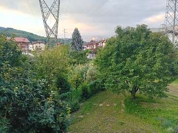 Dieses Bild zeigt einen üppigen grünen Garten mit verschiedenen Bäumen, umgeben von Häusern, Hügeln im Hintergrund und hohen Strommasten, die die Szene durchqueren.