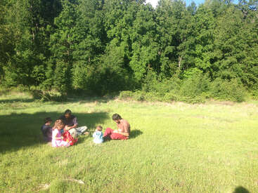 L'image représente une scène sereine d'une famille de cinq personnes assise dans un champ verdoyant, entourée d'arbres à l'arrière-plan.